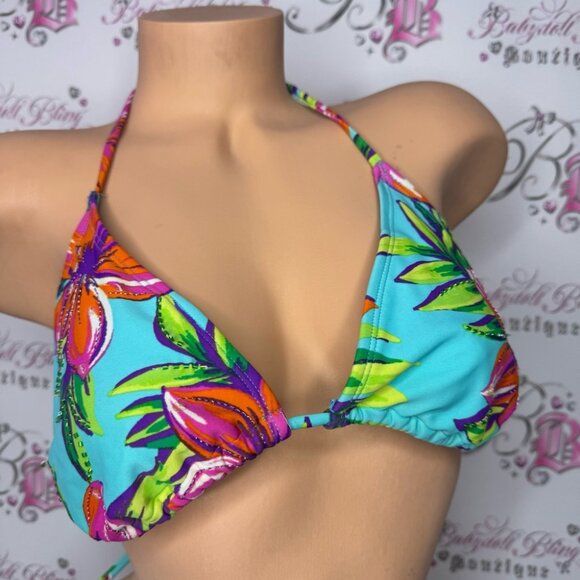 xhilaration bikini top beaded tropical neon flowers beach swimming tie up bright - Picture 7 of 9